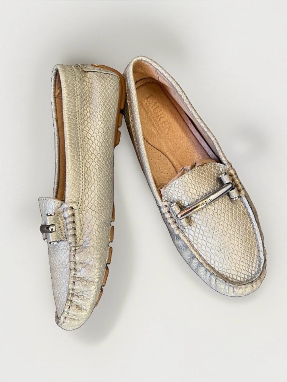 Lauren Ralph Lauren Caliana Embossed Loafers Sz 6 B Leather Silver Soft Classic
